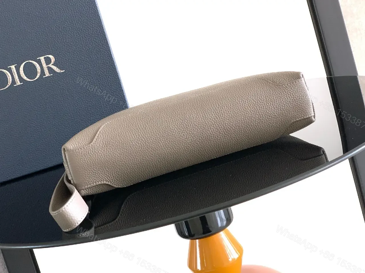 View 2 of Grey Leather Matte Dior Clutch with Top Handle and Wrist Strap
