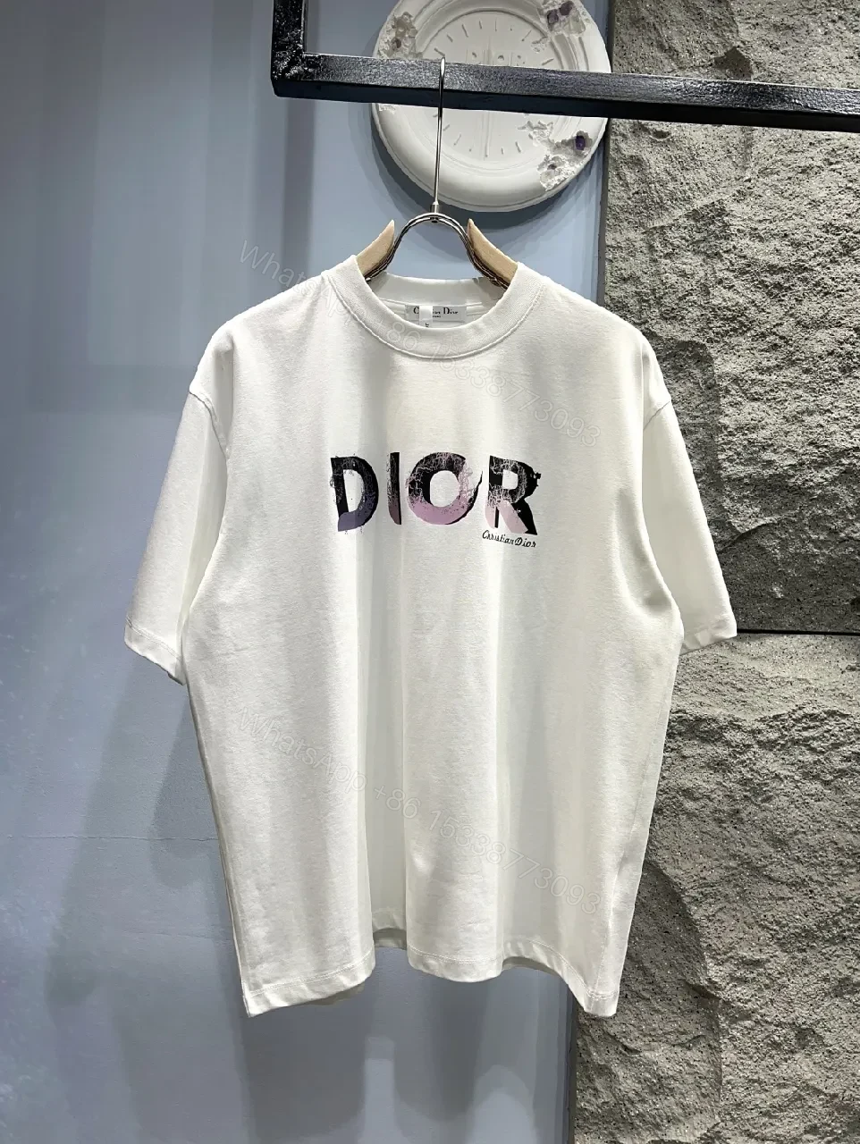 White Cotton Tee with Distressed Gradient Logo - Relaxed Fit Top — view 1