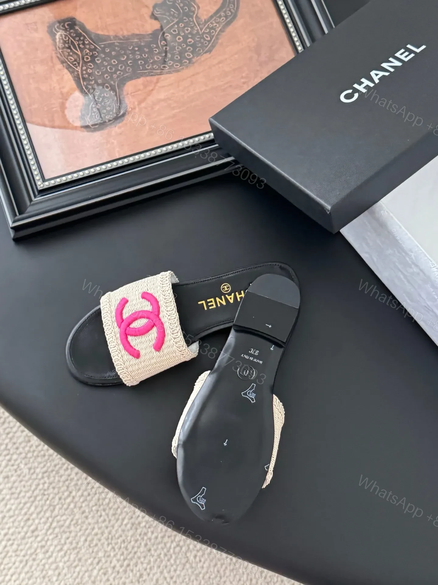 View 4 of Chanel Women Black Leather And Beige Fabric Slides