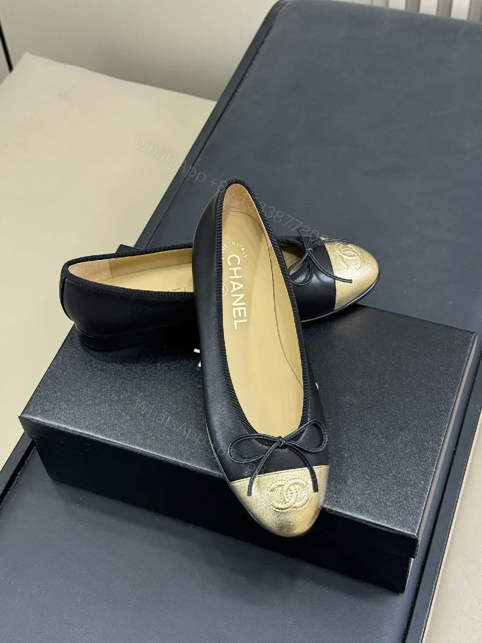 View 4 of Black Leather Ballet Flats with Gold Cap Toe, Sleek, Comfortable, Designer-Inspired