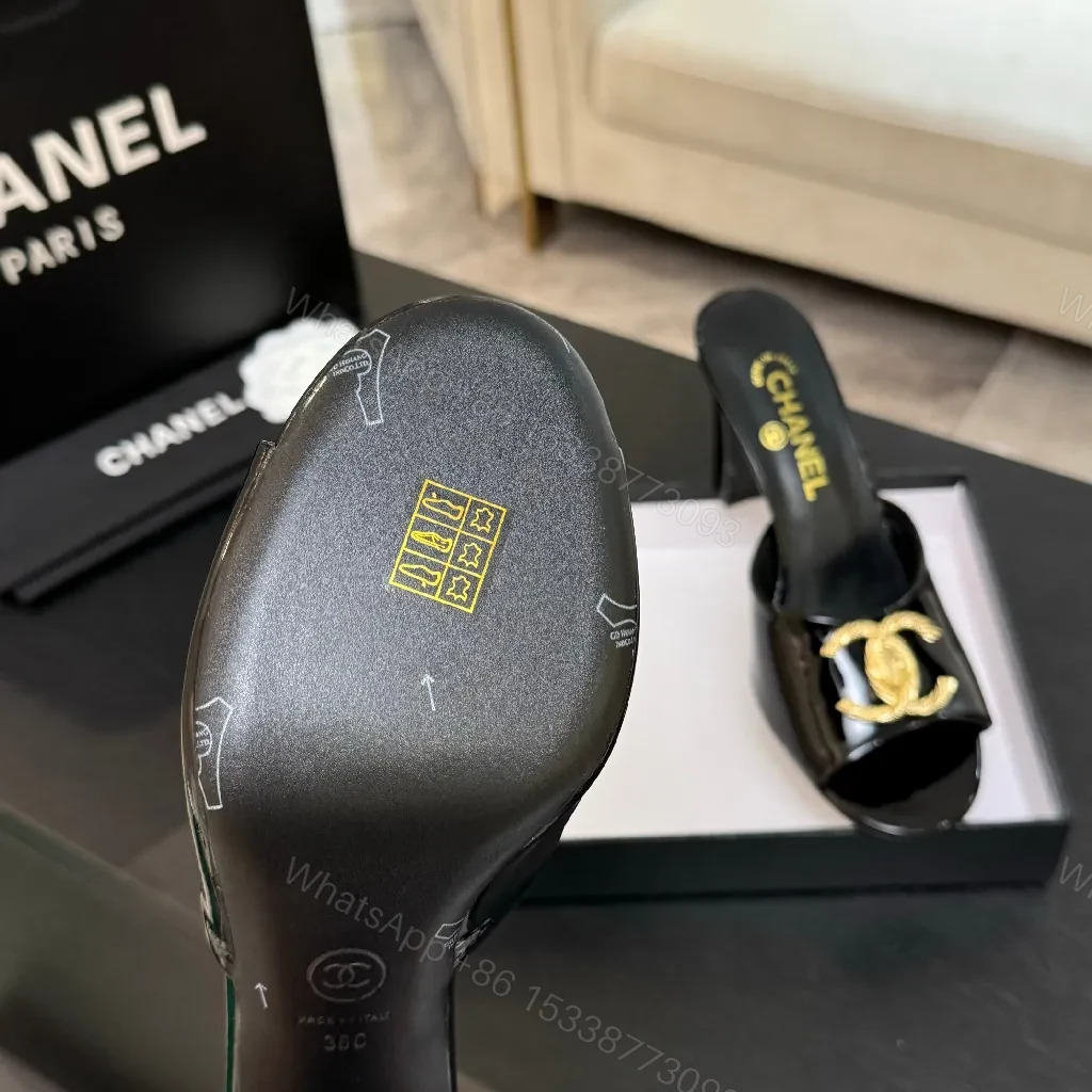 View 6 of Black Patent Mule with Gold Logo Accent – Open-Toe, Block-Heel, Luxury Style