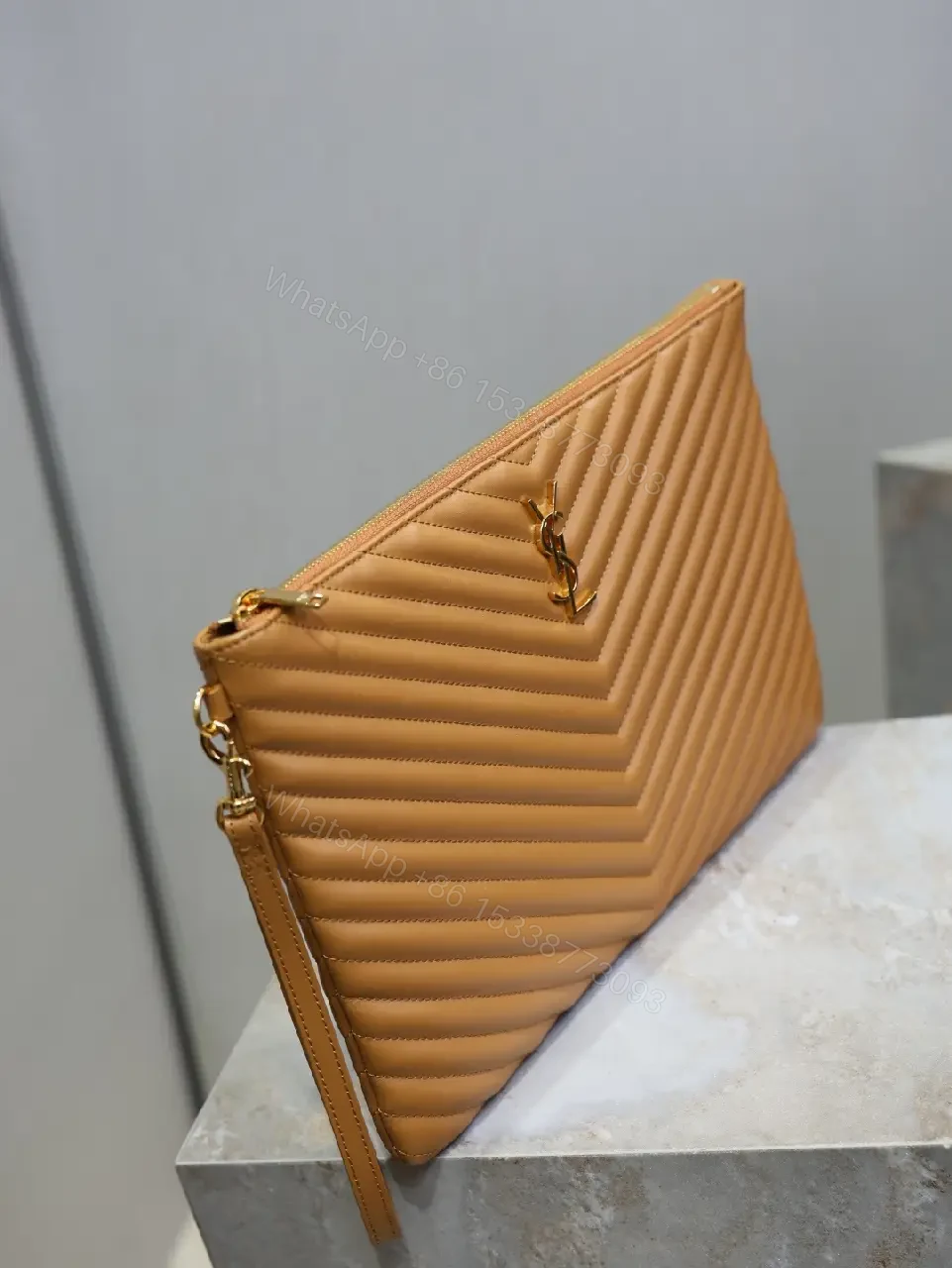 View 6 of Quilted Leather Chevron Clutch with Wrist Strap - Day-to-Night Carry