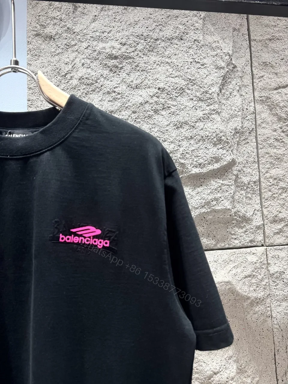 View 9 of Black Cotton Tee – Minimalist Pink Logo Accent T-Shirt