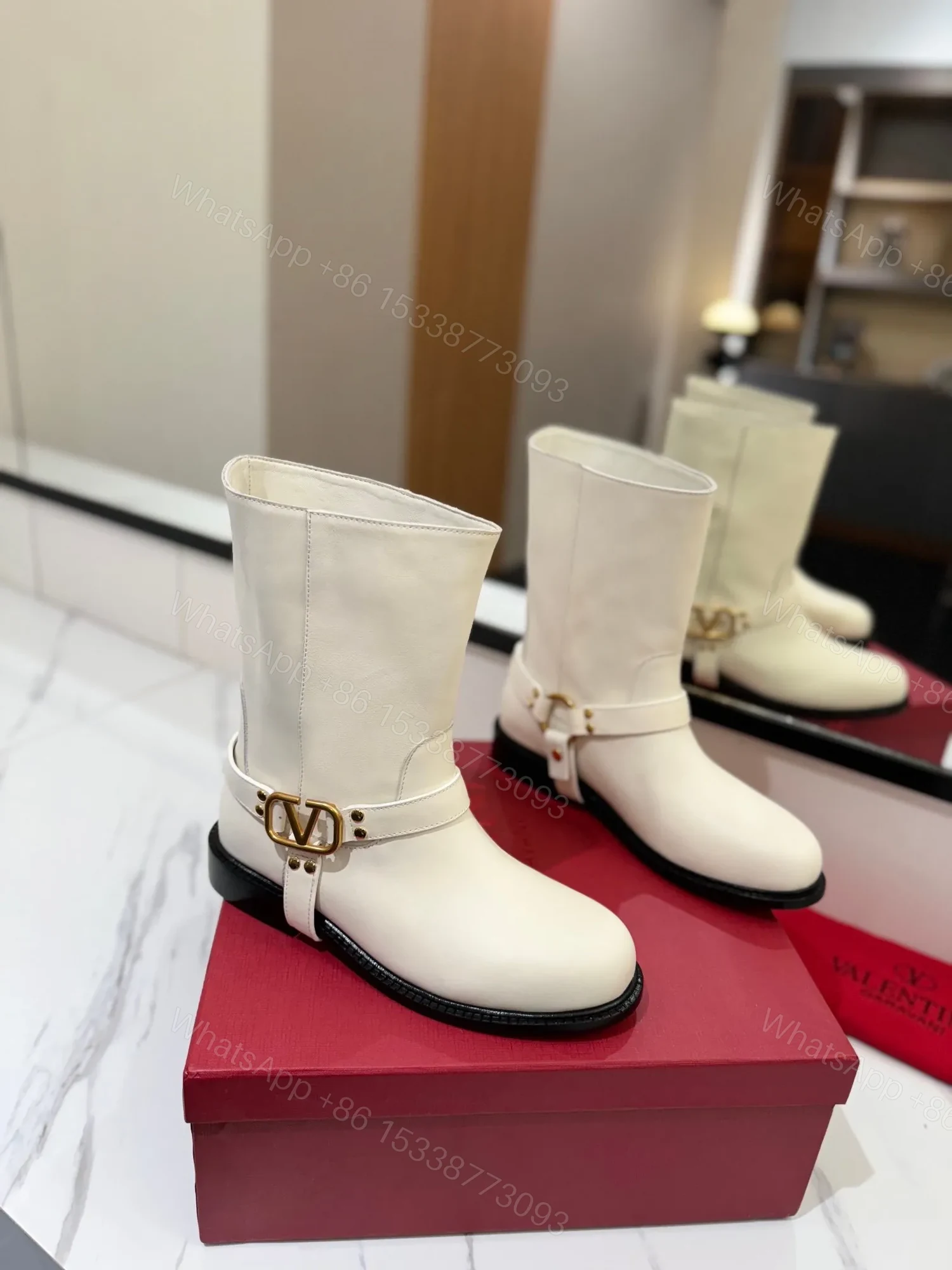 Valentino Women White Leather Mid-Calf Boots — view 1