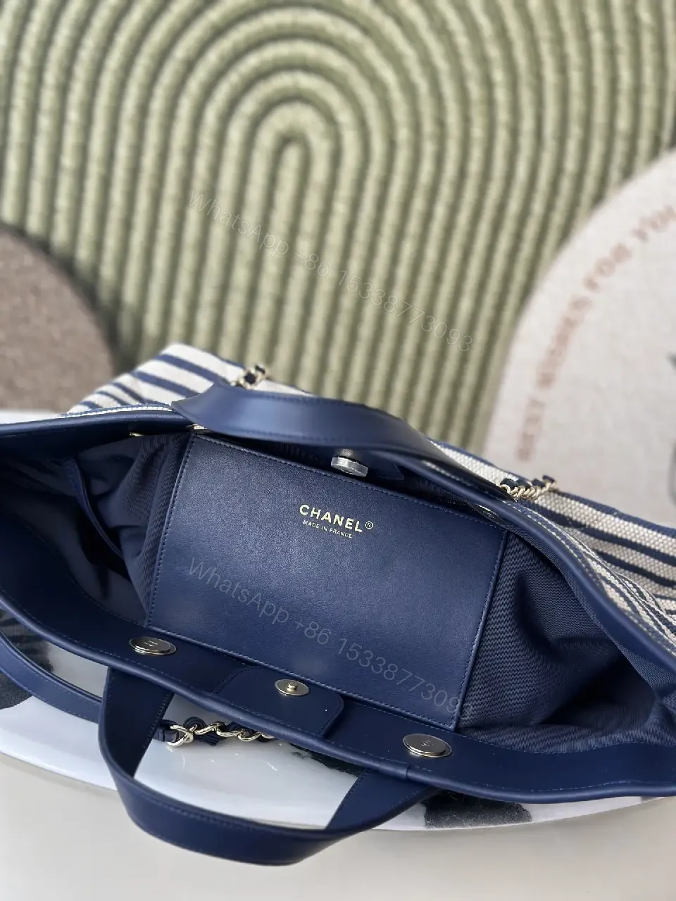 View 5 of Navy Stripe Woven Tote Bag with Leather Accents and Chanel Logo