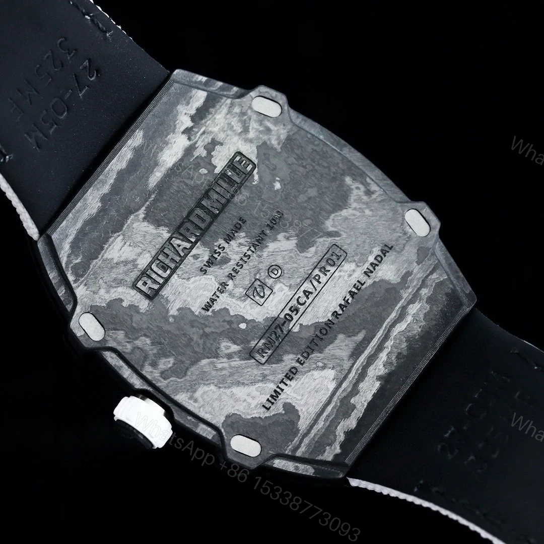 View 9 of Richard Mille RM27-05 Rafael Nadal Flying Tourbillon Watch White Strap Ultra Light Carbon TPT Skeleton 38g Ultra Thin 9MM Premium Edition RM-RM27-05-RN-WHT-F38