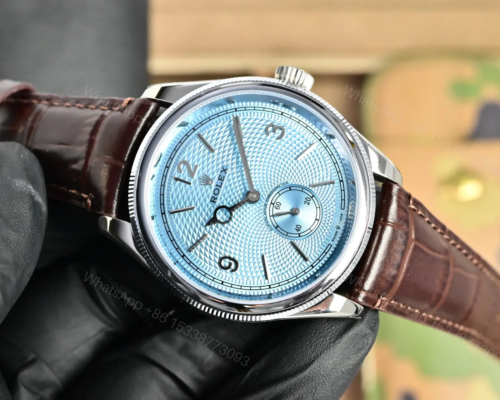 View 4 of Rolex Perpetual 1908 39 Platinum Ice Blue Dial Brown Leather Strap 52506-0002