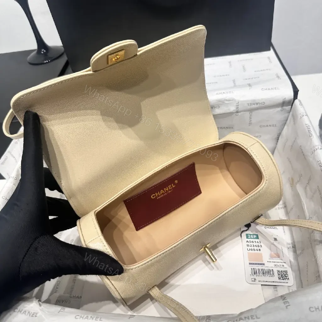 View 5 of Beige Leather Pebbled Small Top-Handle Bag with Gold Chanel Clasp