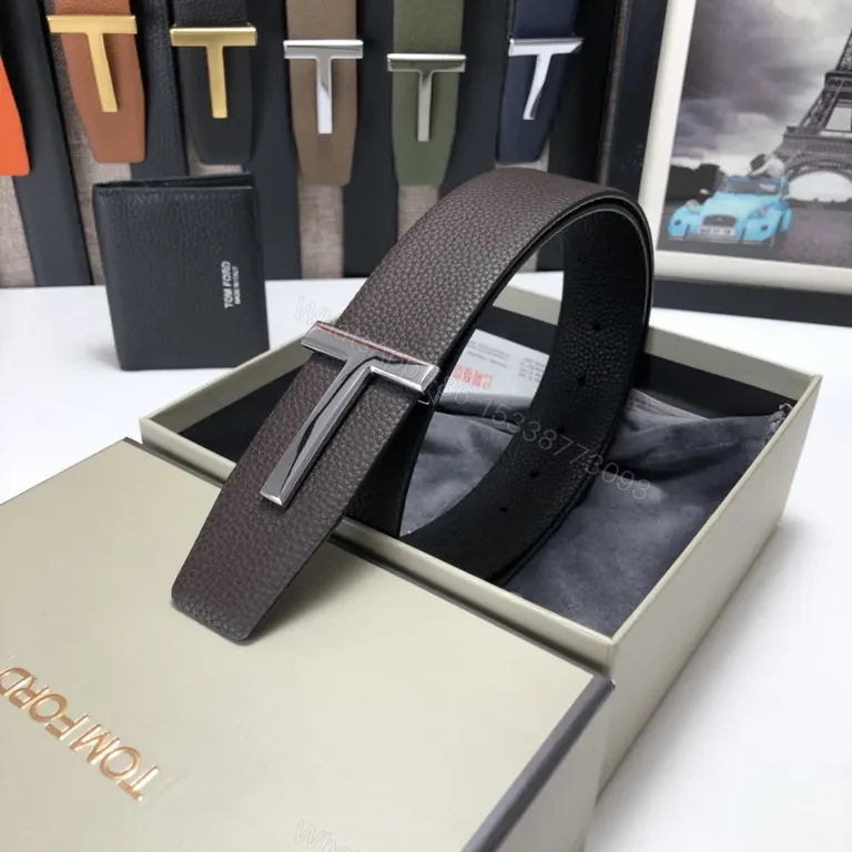 View 3 of Bold Leather Belt Gold Buckle Tom Ford Belt