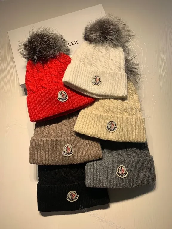 View 9 of Cream Cable-Knit Beanie with Faux-Fur Pom-Pom: Moncler Warmth
