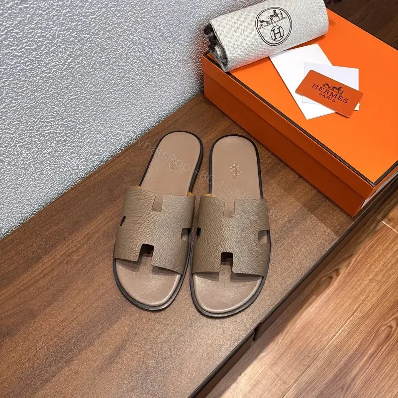 Beige Leather Hermès-Style Slide Sandals with Cutout Strap — view 1