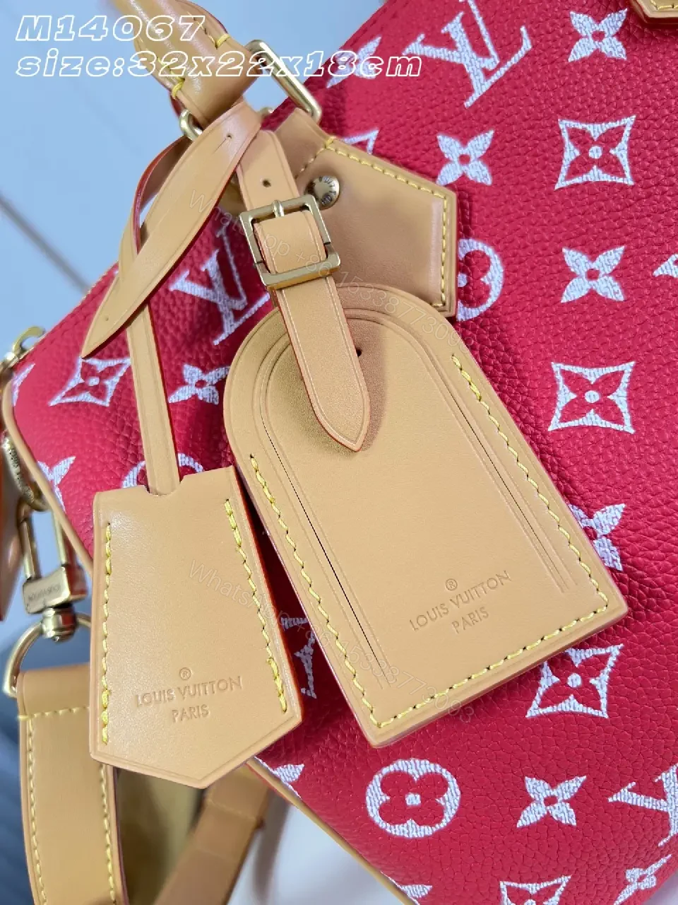 View 2 of Red Monogram-Pattern Leather Tote Bag with Tan Accents and Top Handles