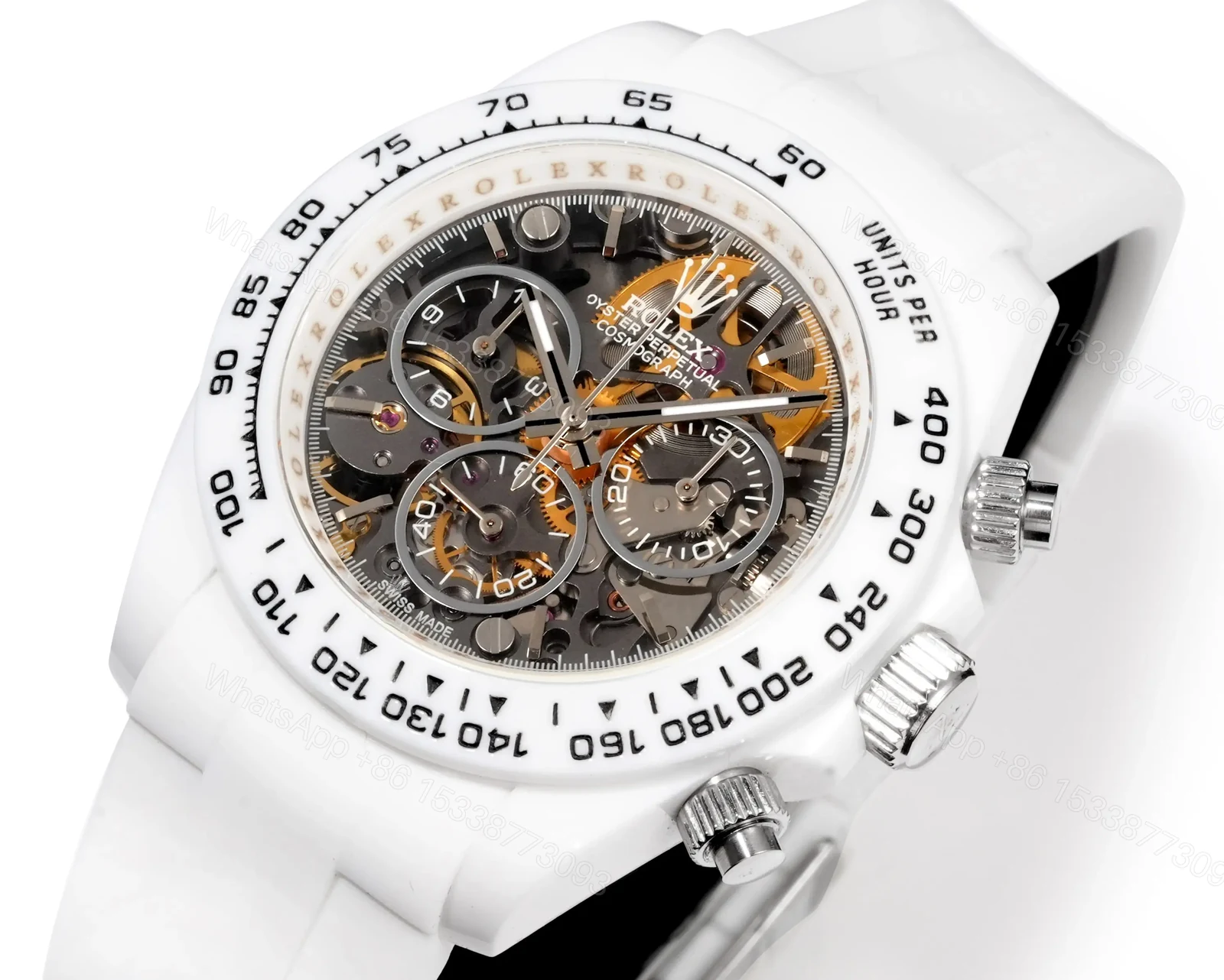 View 3 of Rolex Daytona 2 Chainz Skeleton White Ceramic replica 40MM White Rubber Strap Edition RLX-DAYTONA-2CHAINZ-SKELETON-40MM-WHITE