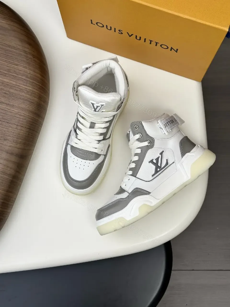Grayscale Leather-Blend High-Top Sneaker with Luxe Details — view 1