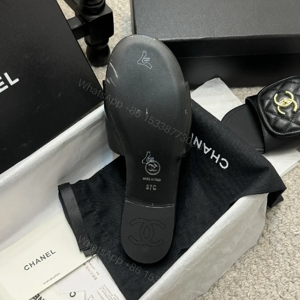 View 2 of Quilted Leather Slides with Gold Logo, Luxe Casual