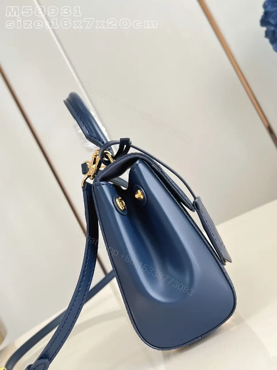 View 6 of Blue Saffiano Leather Structured Bag with Luxe Hardware