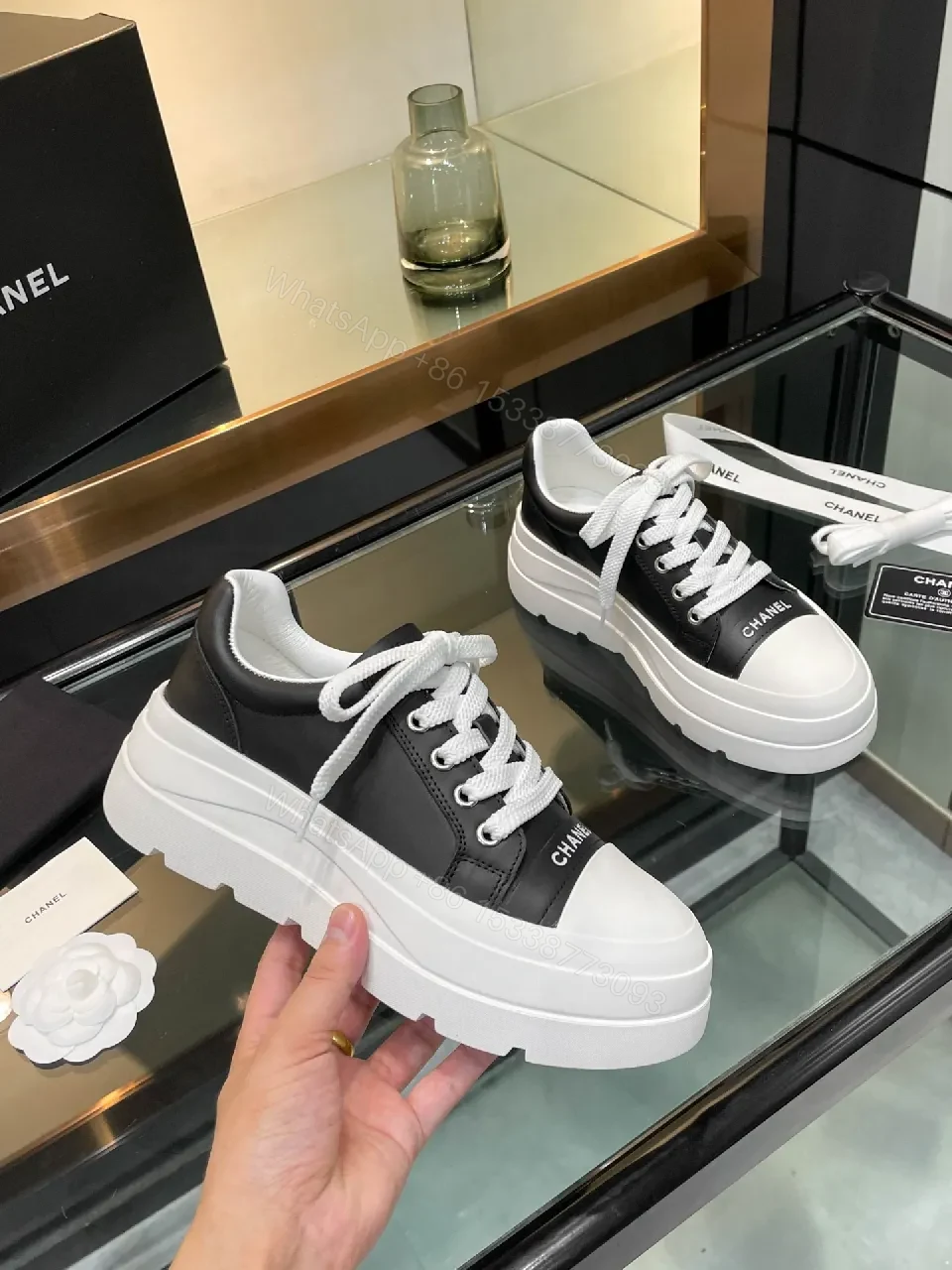 View 7 of Lux Black-White Leather Chunky-Sole Sneakers, Modern Comfort