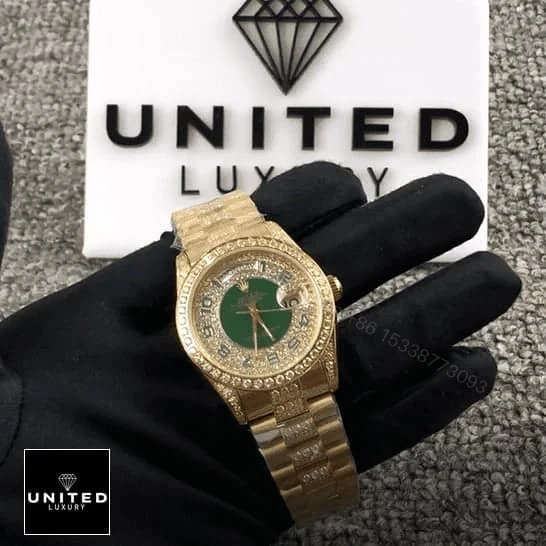 View 6 of Rolex Datejust Yellow Gold Green Dial Iced out 118348 Replica