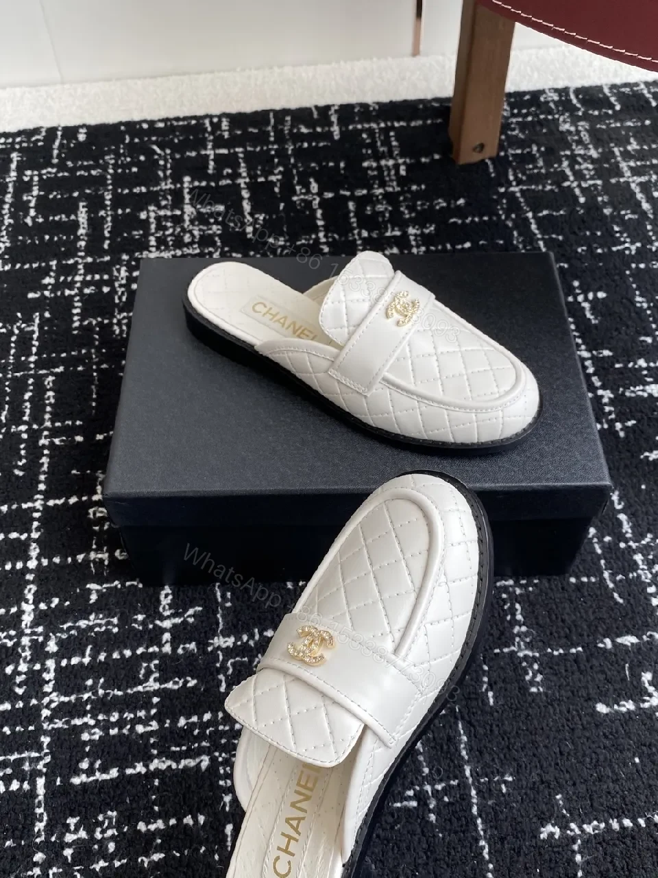 View 9 of Quilted White Leather Slides - Gold Hardware Luxury Slip-Ons