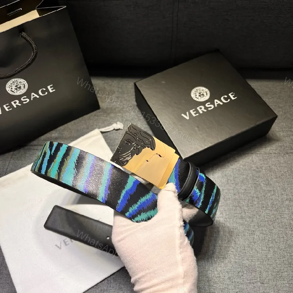 Teal-Sapphire Striped Leather Belt with Brushed Buckle — view 1