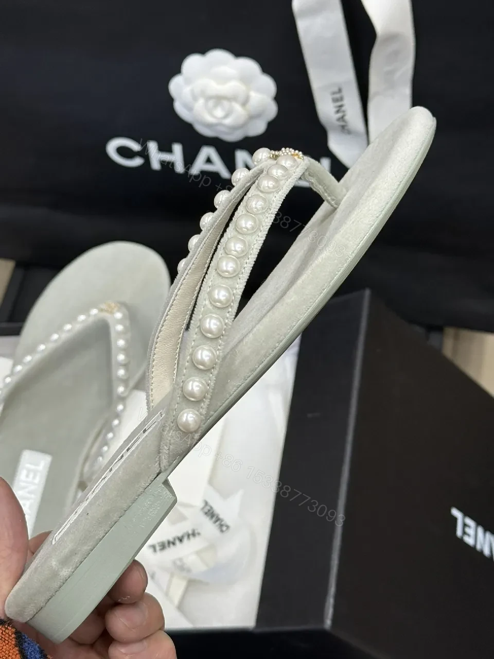 View 5 of Pearl-Embellished Light Gray Suede-Flip Sandals with Logo