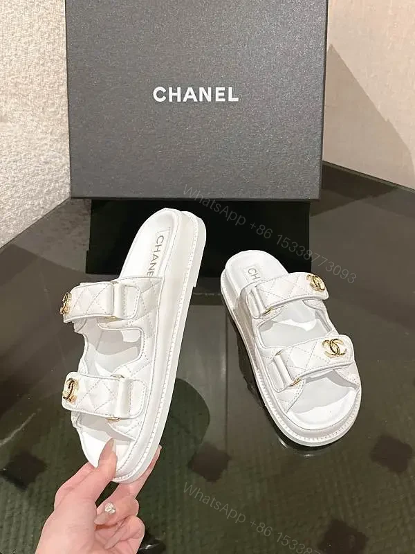 White Leather Slides with Gold Accents - Luxe Comfort Slip-Ons — view 1