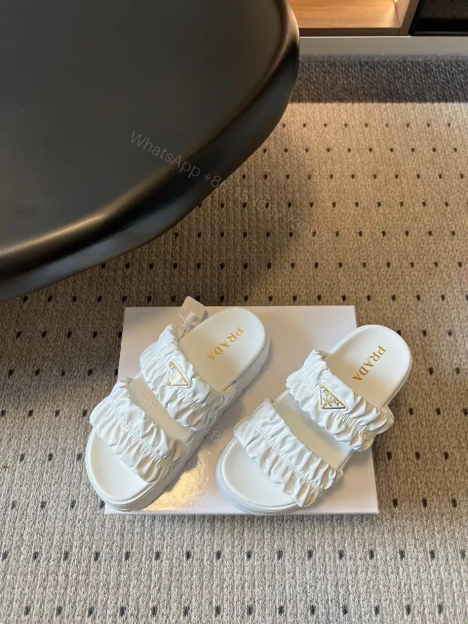 View 9 of White Leather Ruched Slide Sandals Prada Style Slide Sandals