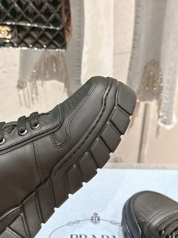 View 8 of Black Leather Lace-Up Sneakers with Prada-Inspired Logo