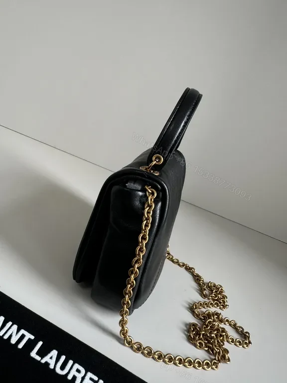 View 8 of Black Leather Mini Saint Laurent Bag with Gold Hardware, Compact Luxury, Crossbody/Top Handle