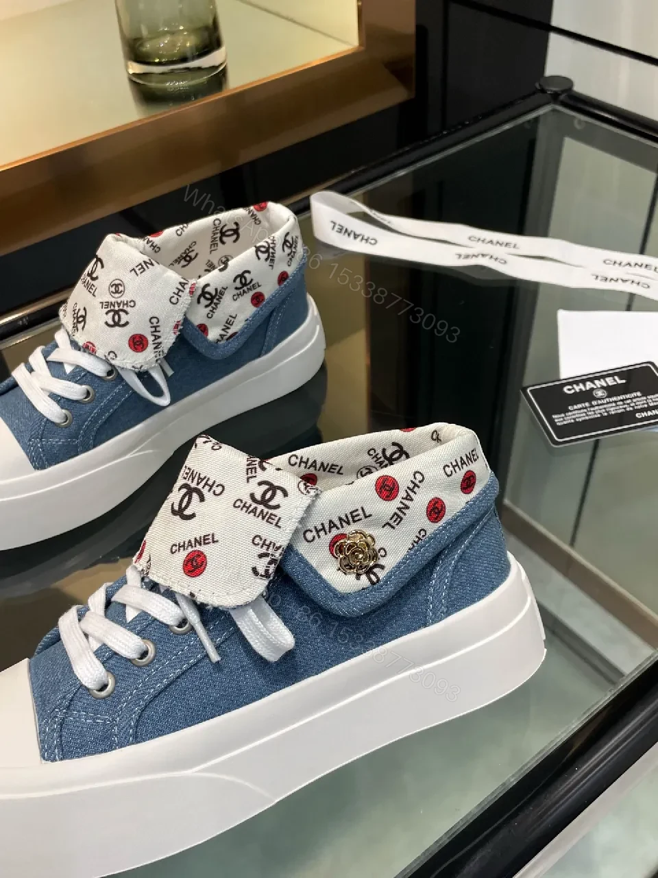 View 6 of Chic Denim High-Top Sneakers with Logo Cuff