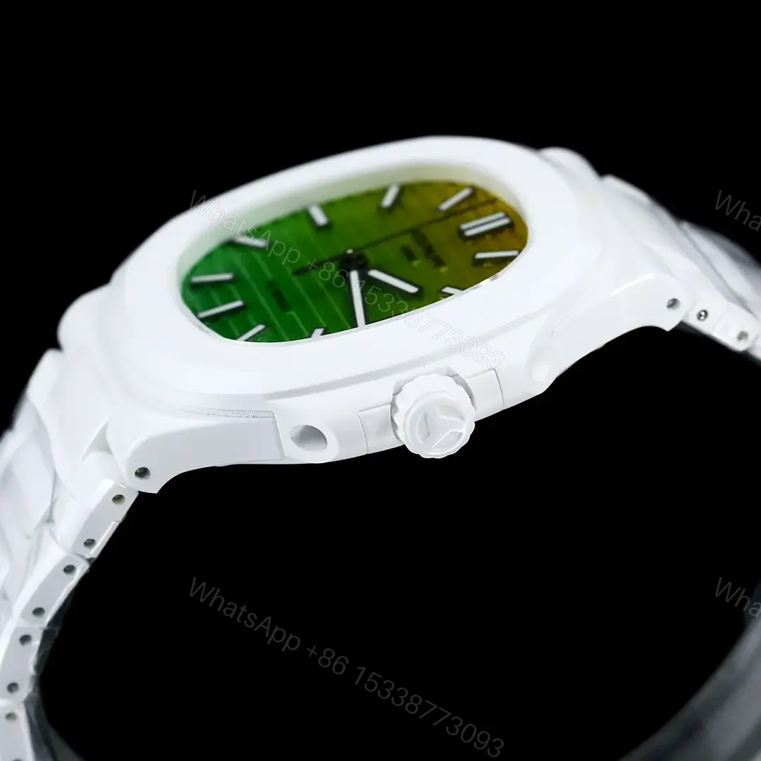 View 5 of Patek Philippe Green Yellow Nautilus Watch White Ceramic Bracelet Ultimate 40MM PP-NAU-GRN-YEL-WCER40