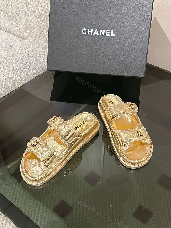 Gold-Tone Leather Slides with Double Straps, Luxury Everyday Comfort — view 1