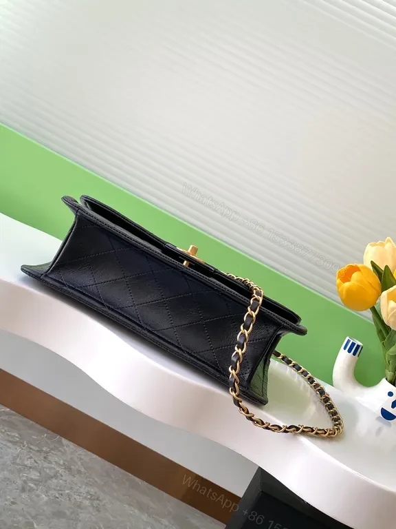 View 4 of Black Faux Leather Quilted Chain-Shoulder Bag, Luxury Everyday Style