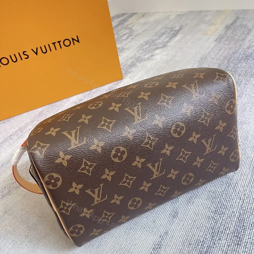 View 2 of Brown Leather-Toned LV Monogram Cosmetic Pouch with Gold Zipper