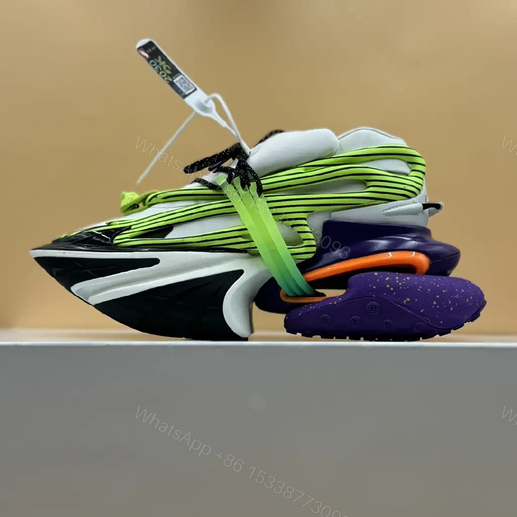View 4 of Neon green striped sneaker in mixed materials for premium everyday luxury