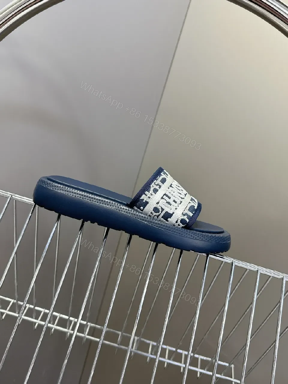 View 8 of Textured Navy Slides: Wide Logo Strap, Elevated Comfort