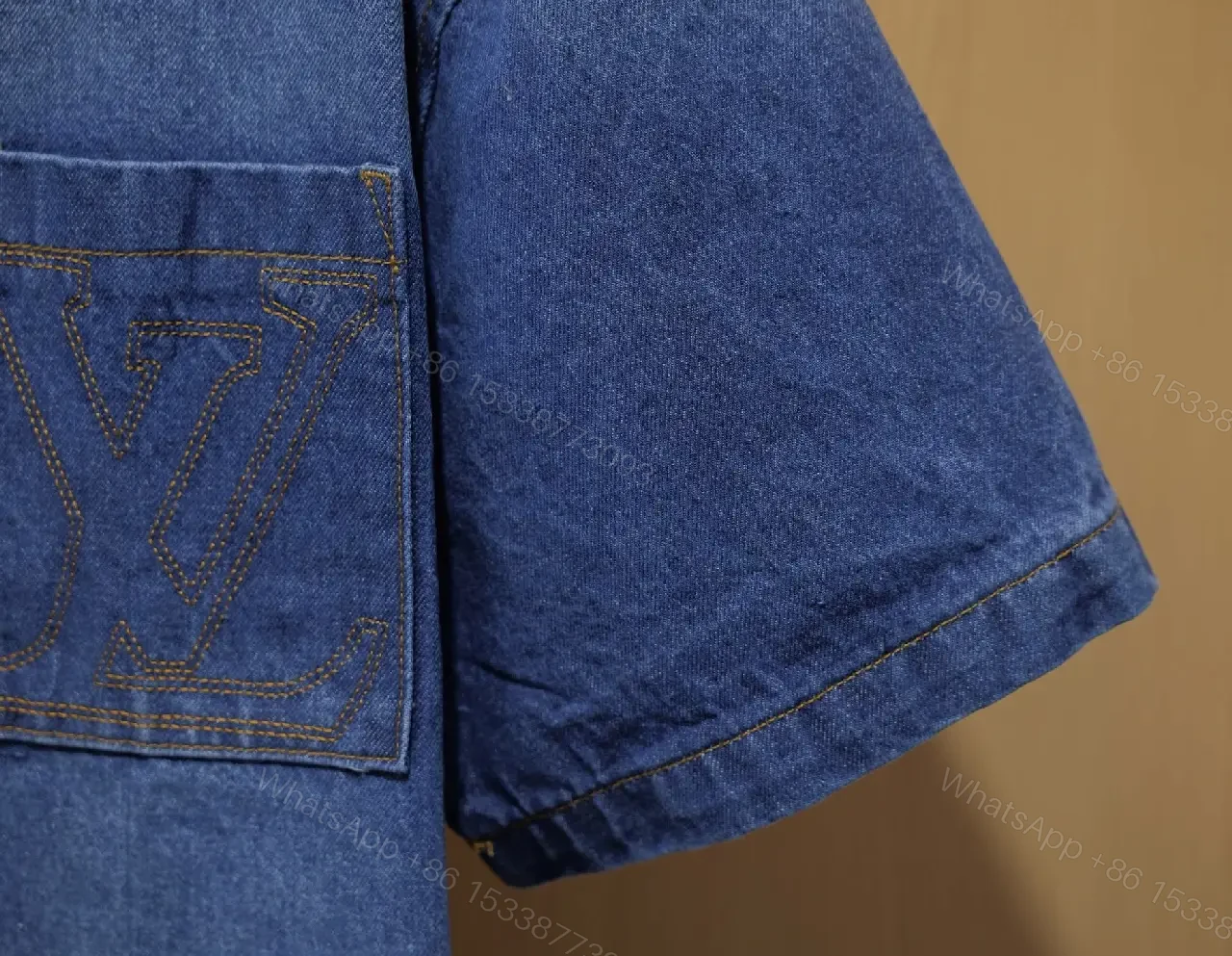 View 2 of Blue Denim Shirt Short Sleeves with Pocket Front Button-Up