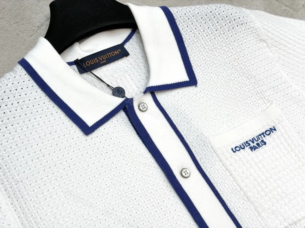 View 2 of White Knit Polo Shirt Blue Trim Louis Vuitton Style Key Pocket Polo Shirt