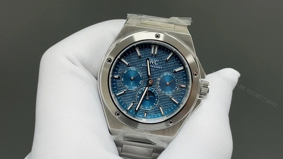 View 3 of IWC Ingenieur Blue Replica 42MM Premium Perpetual Calendar Steel Bracelet Edition RG-IWC-INGENIEUR-BLUE-42