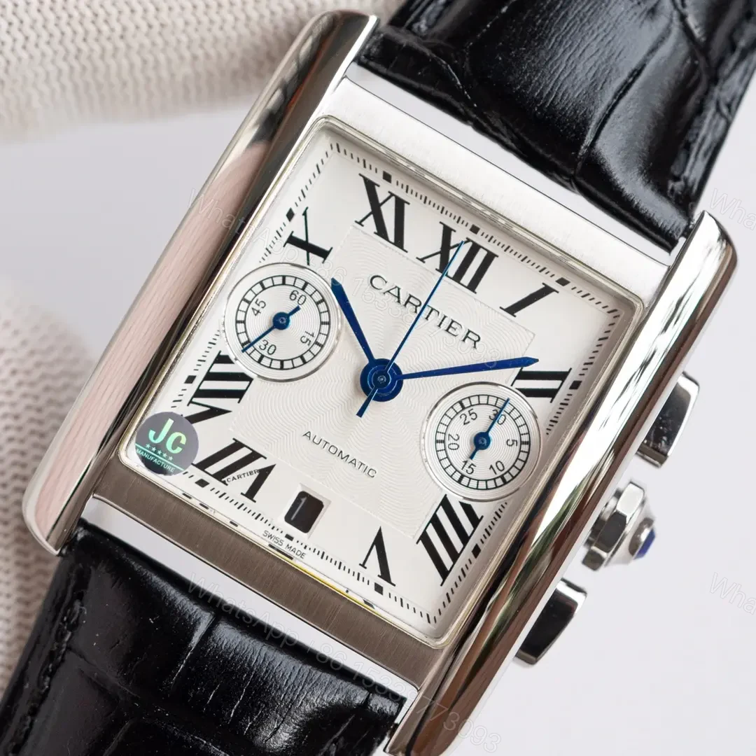 View 6 of TW Factory Cartier Tank Series W5330007 Silver Stainless Steel Watch with Black Leather Strap and Blue Sub-dials