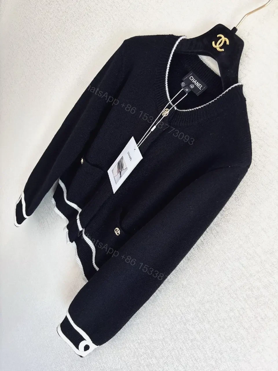 View 6 of Black Knit Jacket with White Piping & Gold Hardware
