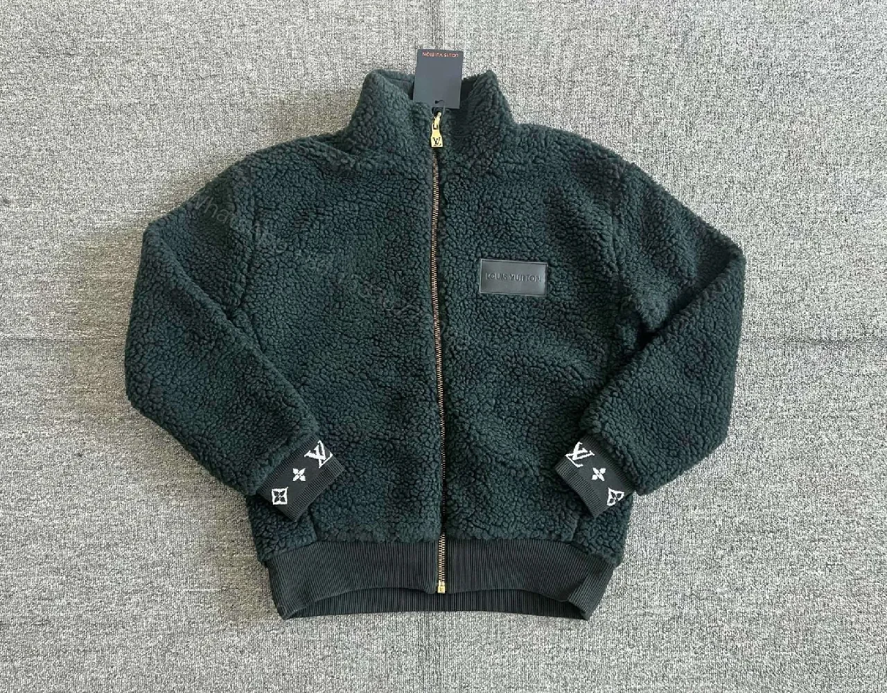 Dark Forest Green Teddy Jacket: Luxe Fleece, Zip Front, Subtle LV-Inspired Details — view 1