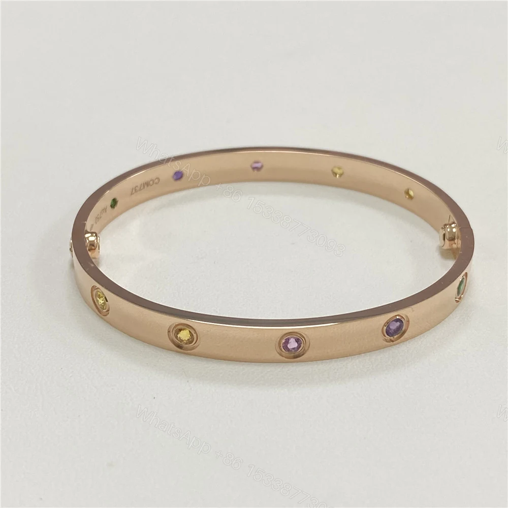 View 3 of Fake Cartier 18ct Rose Gold Rainbow Love Bracelet 10 Gemstones
