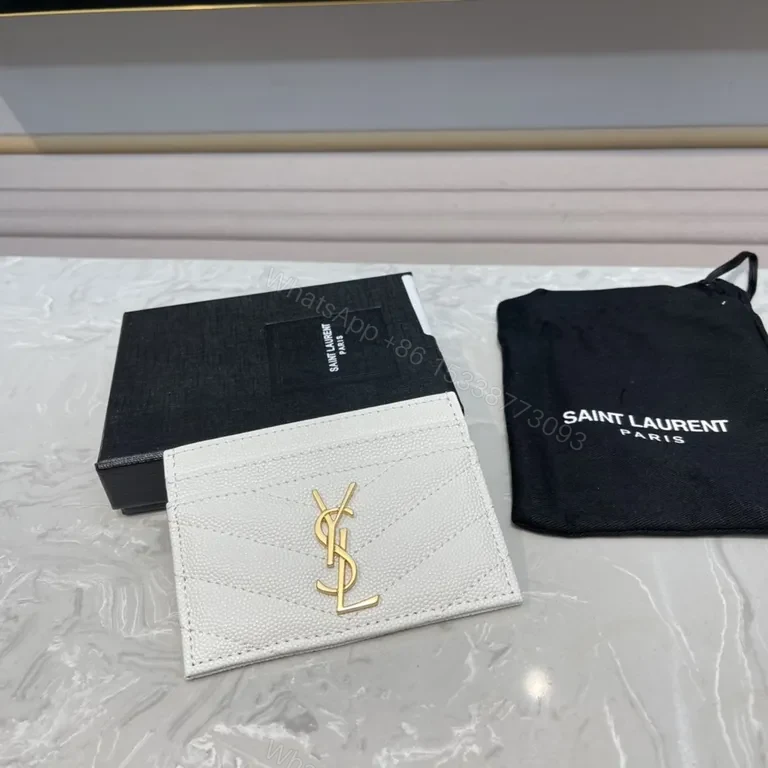 View 3 of White Textured Leather Cardholder with Gold YSL Emblem