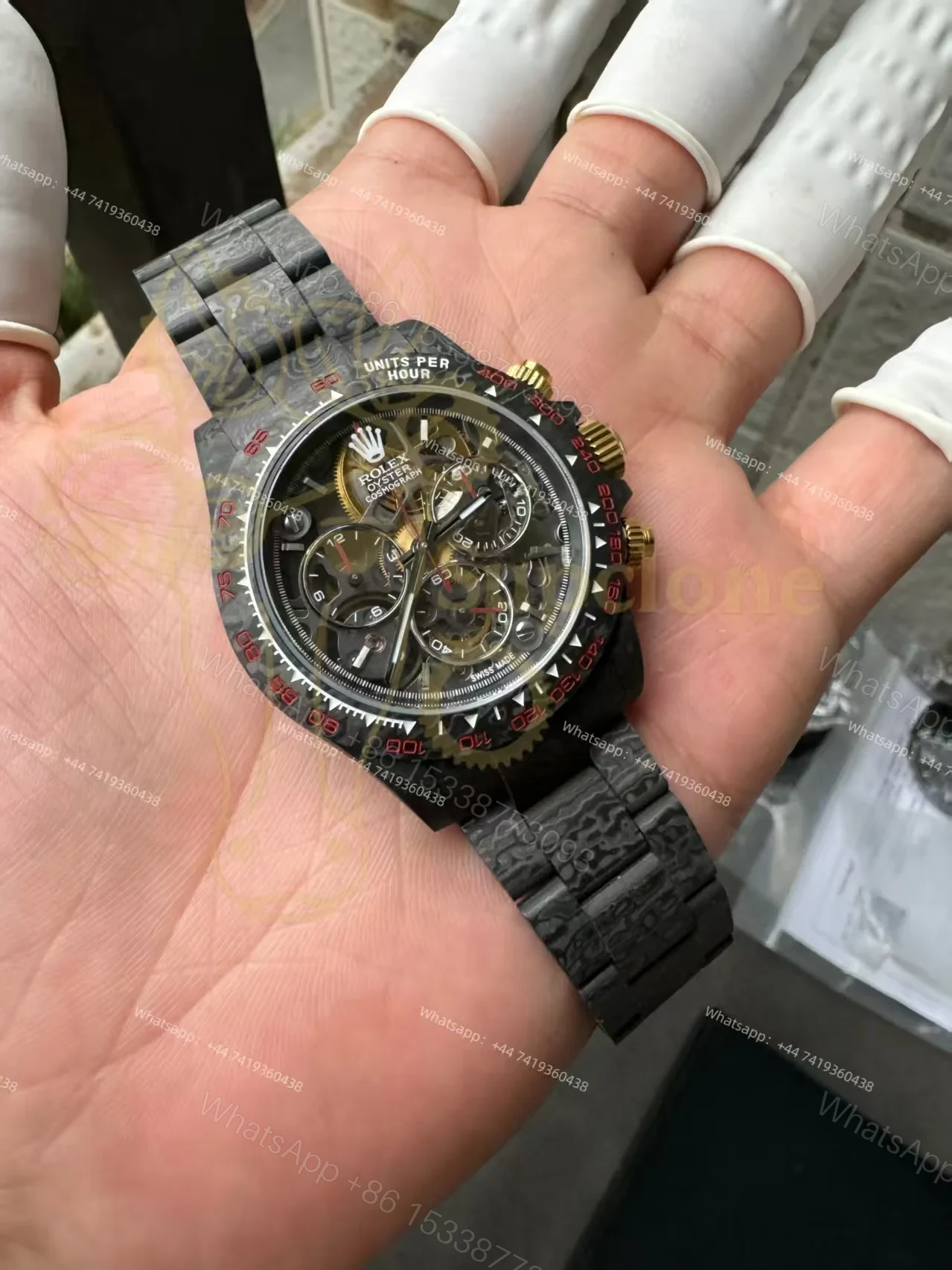 View 4 of Rolex Super Clone Carbon Fiber Daytona Skeleton Red Accents Gold Pushers