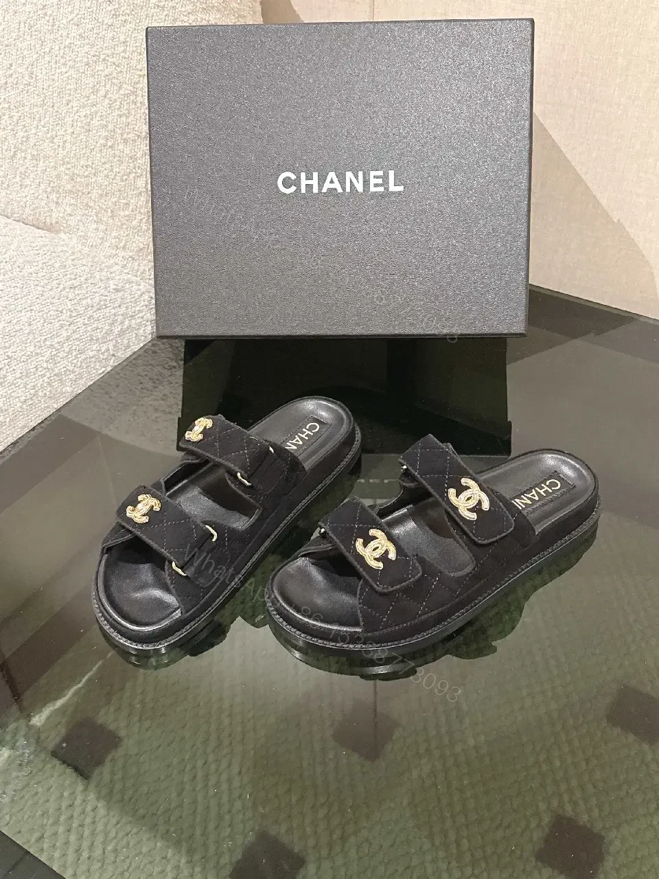 View 9 of Quilted Black Sliders with Gold Hardware — Everyday Luxury