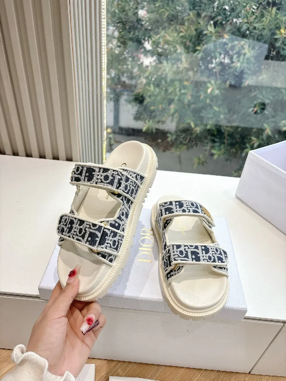 View 6 of Navy Ivory Patterned Platform Sandals with Logo Straps