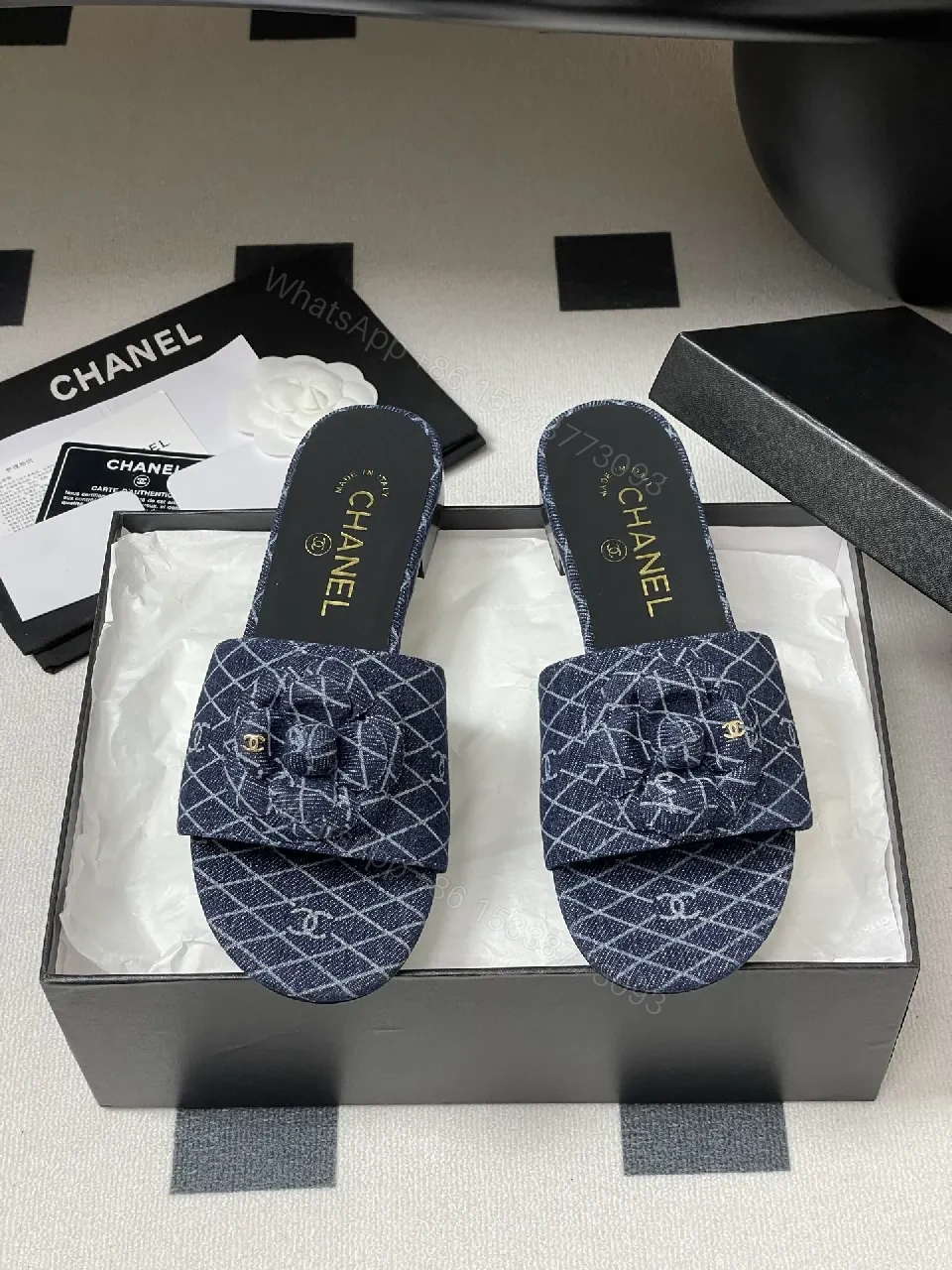 View 7 of Denim Pattern Slip-Ons with Signature Flower Bow Mule