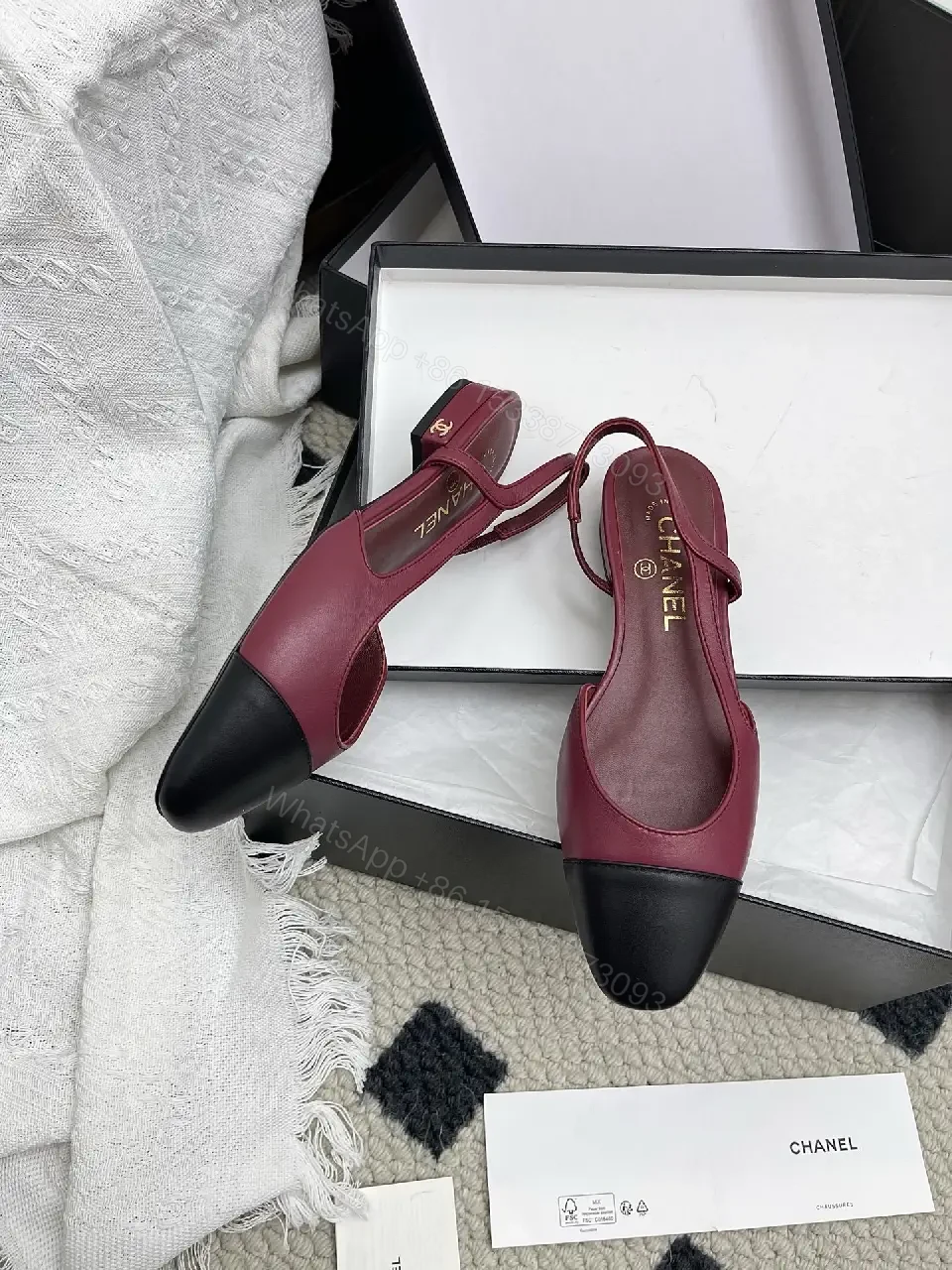 View 7 of Burgundy Satin + Black Leather Ballet Flat, Two-Tone, Comfort