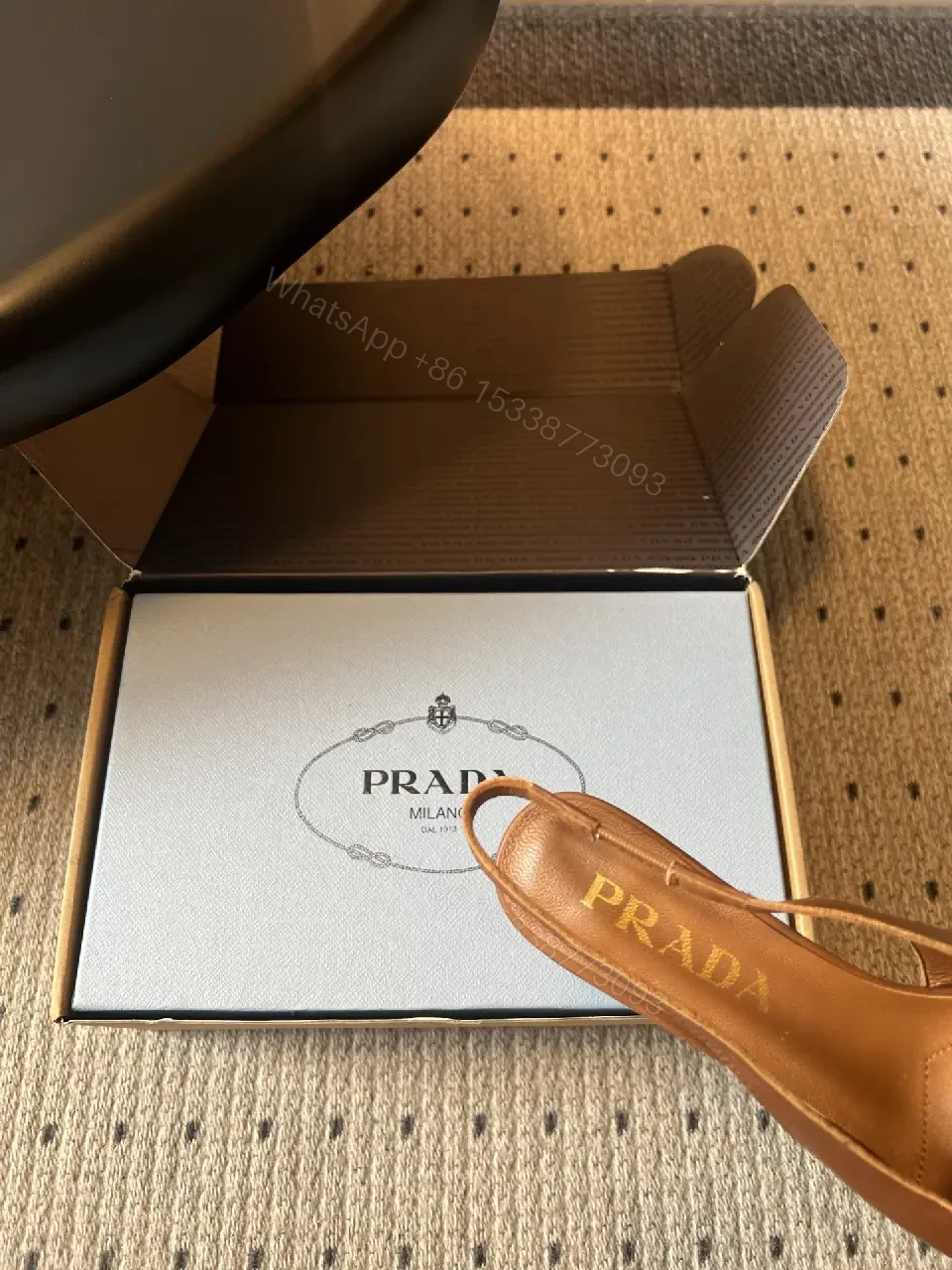 View 8 of Brown Leather Slingback Sandals Classic Style Open-Toe Prada Box Pair